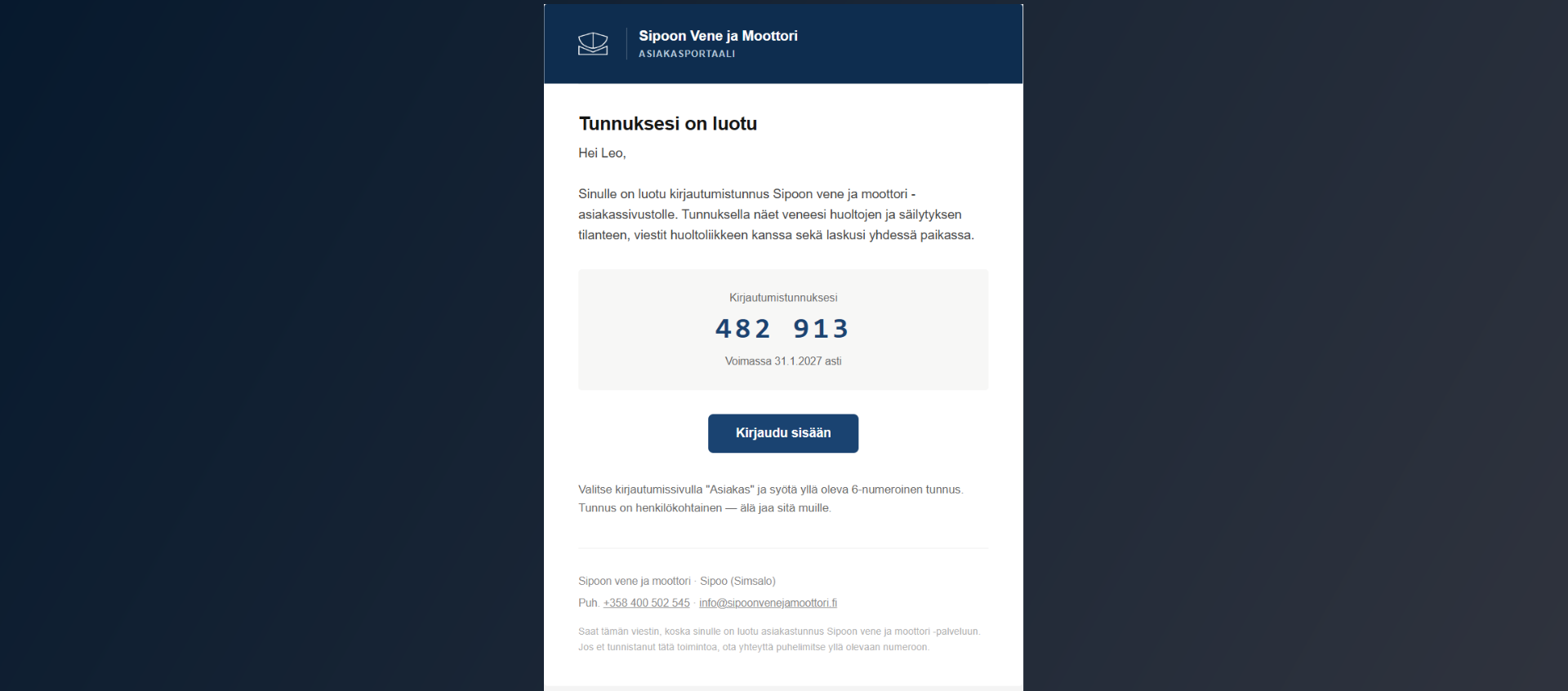 Asiakas vastaanottaa kirjautumistunnukset sähköpostilla
